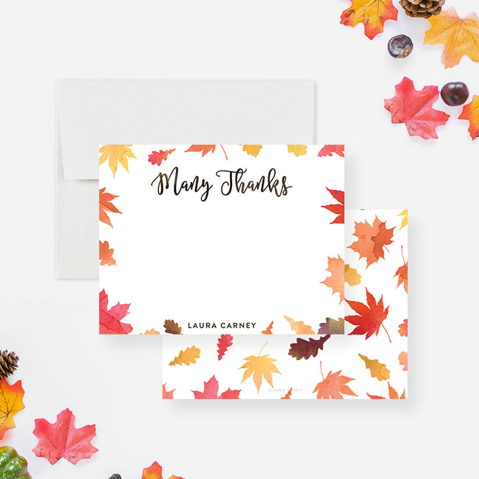 fall thank you card with autumn leaves, custom name, and many thanks message-front-back