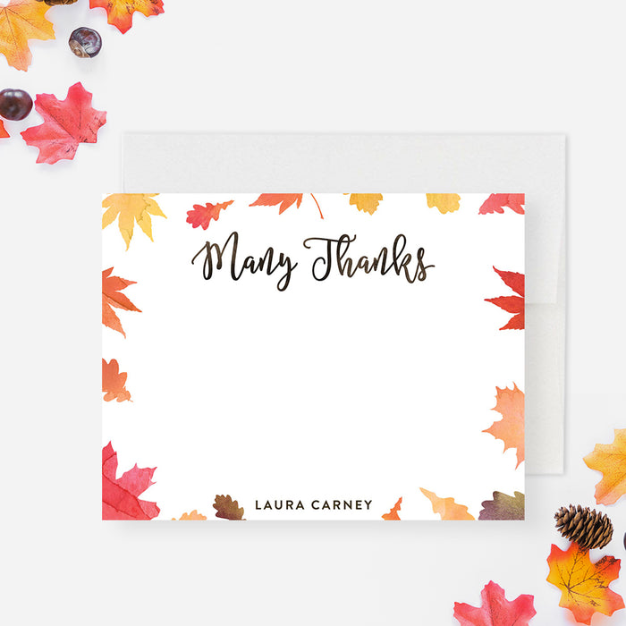 fall thank you card with autumn leaves, custom name, and many thanks message-front