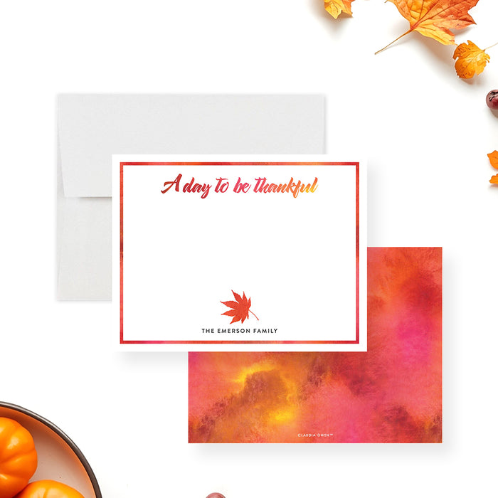 personalized autumn thank you card with watercolor fall leaves-front-back