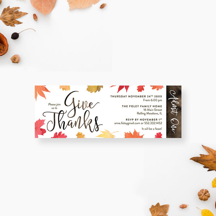 thanksgiving ticket invitation with admit one design and autumn leaves for fall party