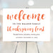 Thanksgiving welcome sign with orange watercolor lettering, ideal for fall gatherings, Friendsgiving, or seasonal home décor.
