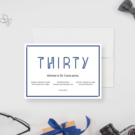 Thirty 30th birthday invitation with slim blue lettering and a blue double border on white.