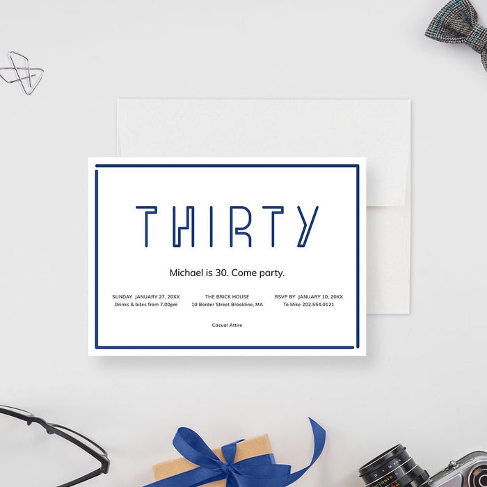 Thirty 30th birthday invitation with slim blue lettering and a blue double border on white.