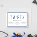 Thirty 30th birthday invitation with slim blue lettering and a blue double border on white.