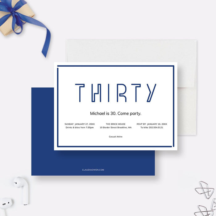 Thirty 30th birthday invitation front and coordinating solid blue back.