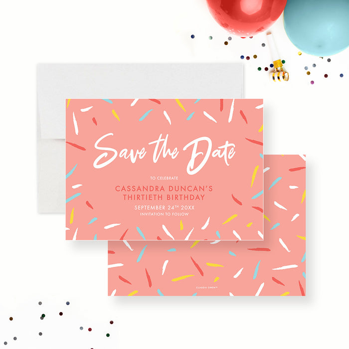 Colorful 30th Birthday Save the Date Card with Colorful Confetti Sprinkle, Fun and Vibrant Milestone Save the Date Invites for Women