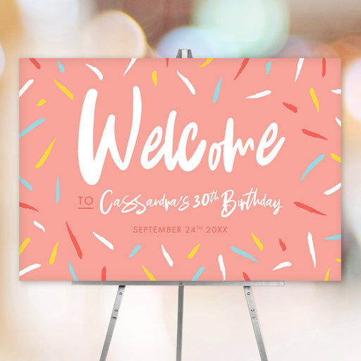 Birthday party welcome sign with colorful confetti, personalized with event details for entrance decor.