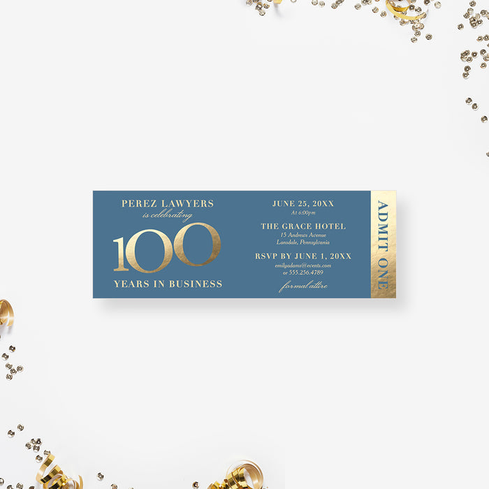 Dusty Blue and Gold Ticket Invitation for 100 Years in Business Celebration, Elegant Ticket Card for 100th Business Anniversary Party, Centennial Ticket Invites