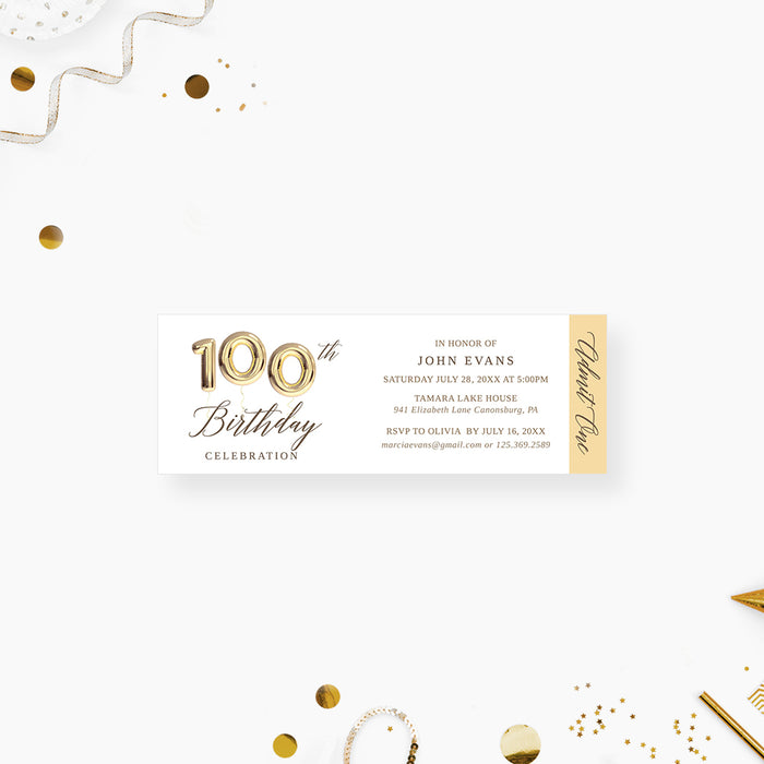 100th Birthday Party Invitations with Golden Balloons, 100th Business Anniversary Invites, Centenary Party Invitations, 100 Years