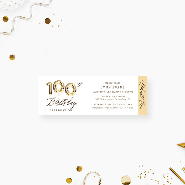 100th Birthday Ticket Invitation with Golden Balloon, 100th Company Anniversary Ticket, Elegant Ticket Invites for Centenary Party, 100 Years