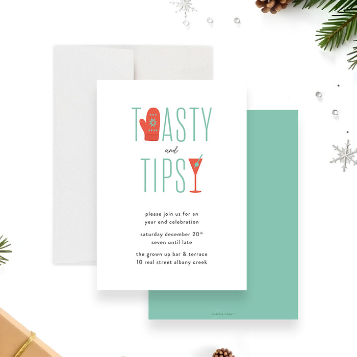 Modern holiday party invitation with toasty and tipsy lettering, winter mitten illustration and cocktail glass for a festive Christmas celebration.-front-back
