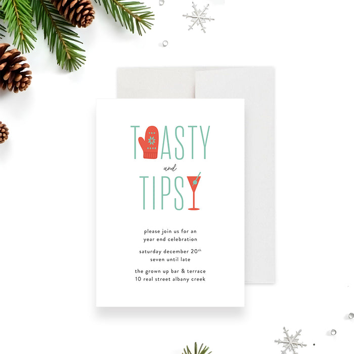 Modern holiday party invitation with toasty and tipsy lettering, winter mitten illustration and cocktail glass for a festive Christmas celebration.-front