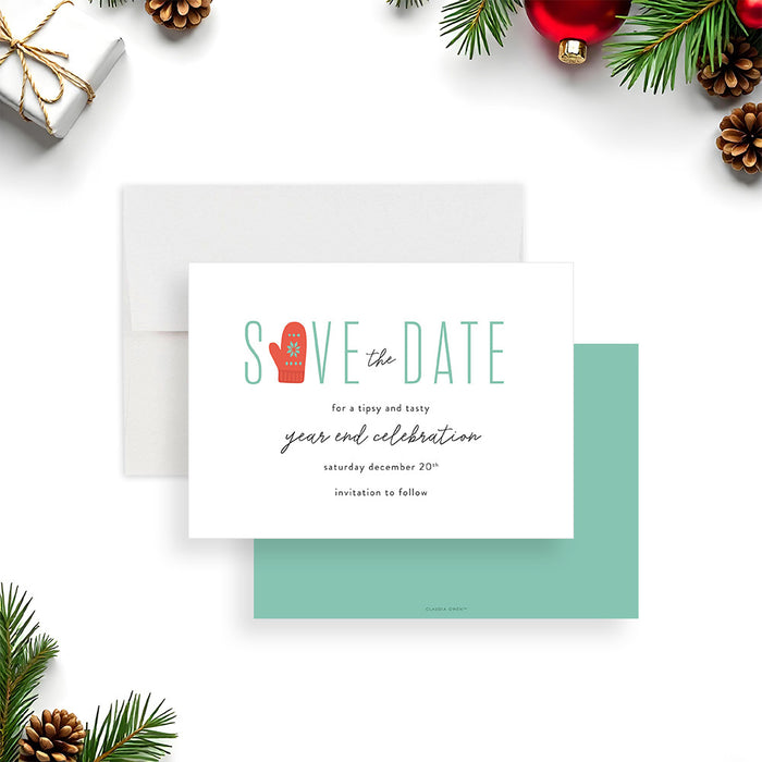 Holiday party save the date card with winter mitten illustration and festive cocktail theme for a year end celebration.-front-back