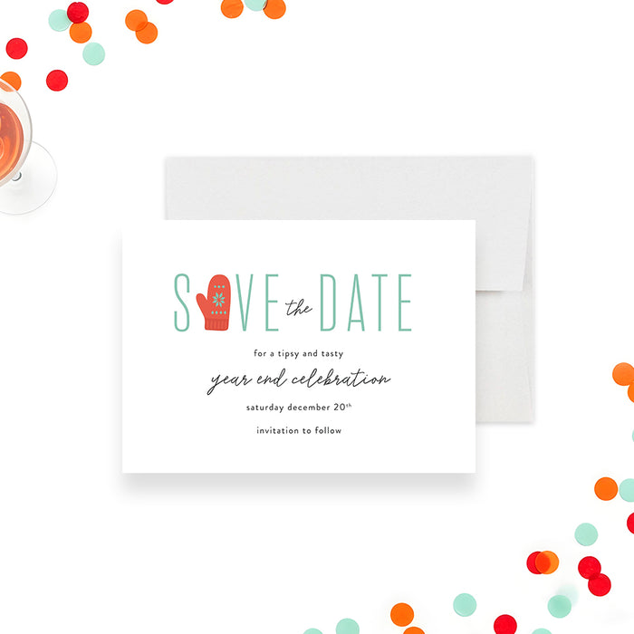 Holiday party save the date card with winter mitten illustration and festive cocktail theme for a year end celebration.-front