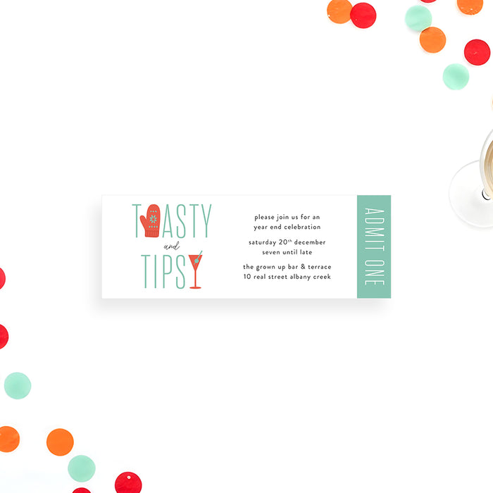 Holiday party ticket invitation with toasty and tipsy lettering, mitten illustration and cocktail glass for a festive winter celebration.