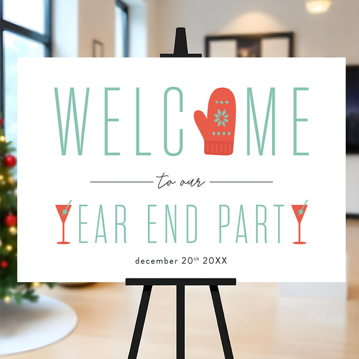 Holiday party welcome sign with mitten and martini glass illustrations displayed on an easel for a festive year end celebration.