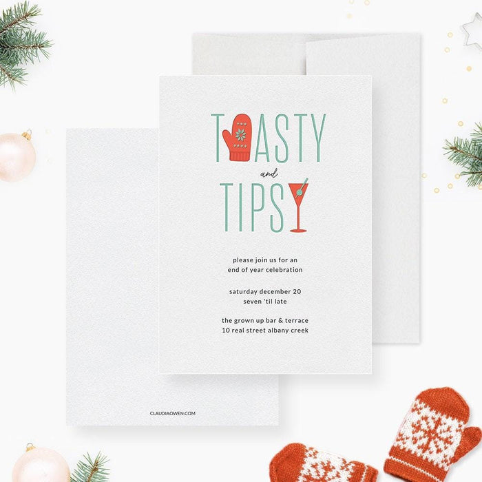 Toasty and Tipsy holiday invitation featuring mitten and cocktail glass icons in a modern minimalist design