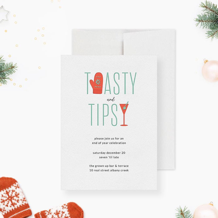 Toasty and Tipsy holiday invitation featuring mitten and cocktail glass icons in a modern minimalist design