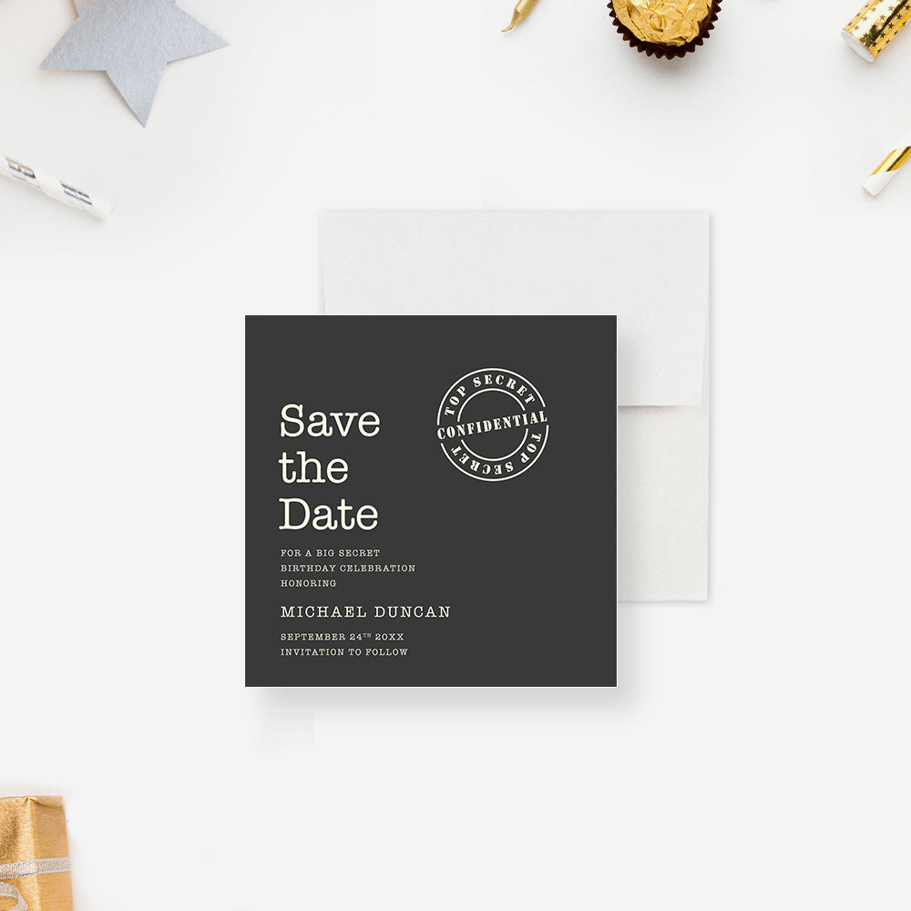 Top Secret Birthday Save the Date Card, Shhh it's a Surprise Save the Date, image size:1000x1000