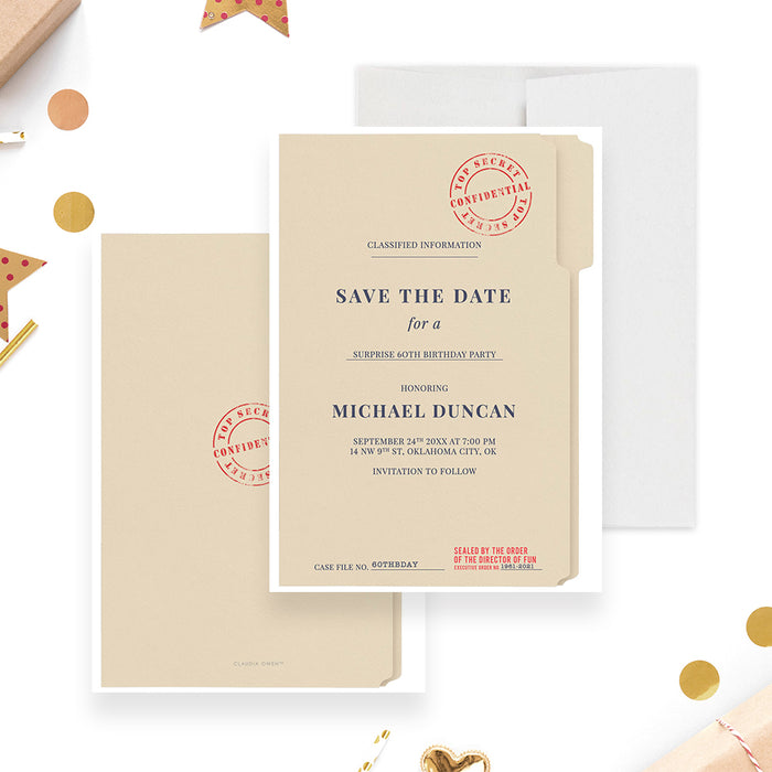 top secret birthday save the date card with confidential file design and red classified stamp-front-back