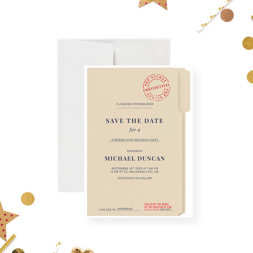 top secret birthday save the date card with confidential file design and red classified stamp-front