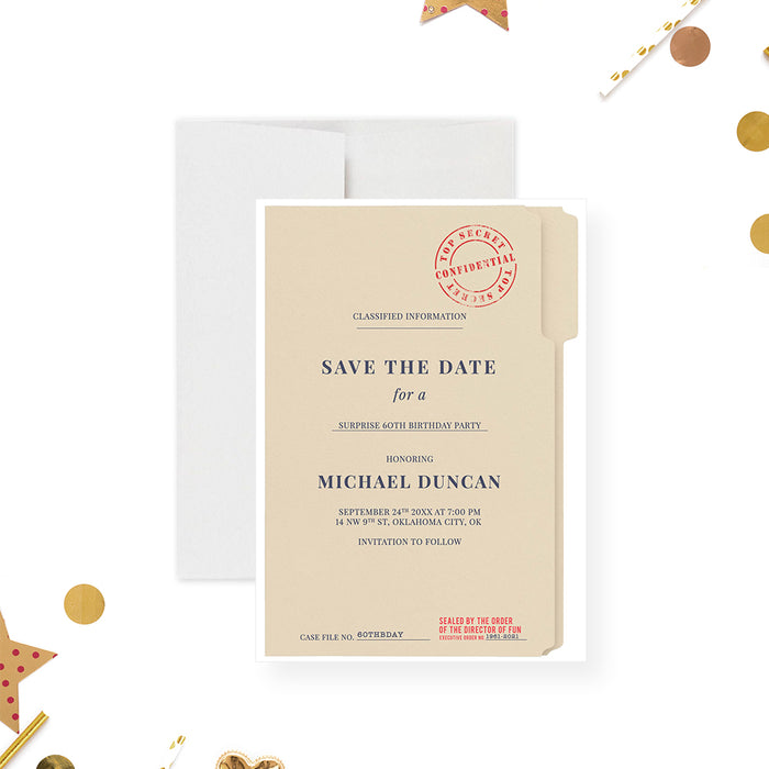 top secret birthday save the date card with confidential file design and red classified stamp-front