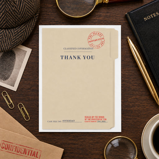 top secret birthday thank you card with confidential file design and red classified stamp-front