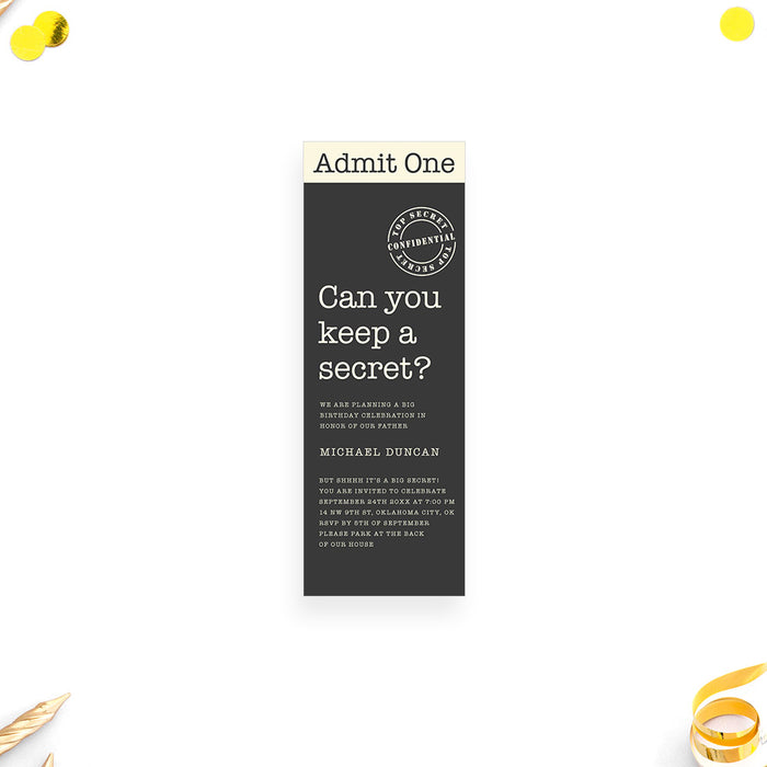 Top Secret Birthday Party Ticket Invitation, Surprise Birthday Party Tickets, Fun Admission Ticket for a Secret Celebration