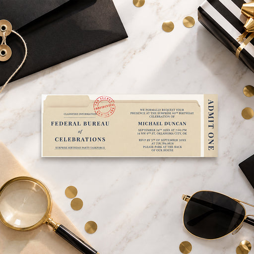 top secret birthday ticket invitation with confidential file design and admit one layout