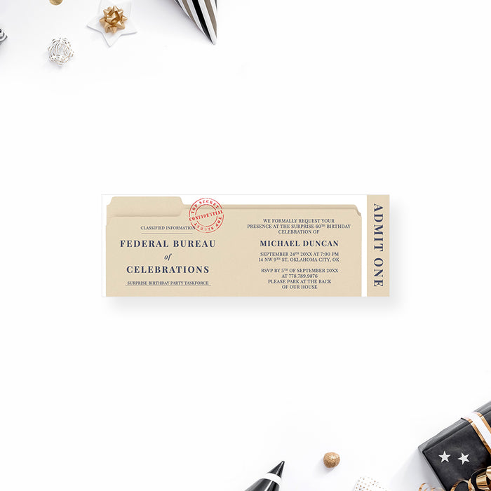top secret birthday ticket invitation with confidential file design and admit one layout