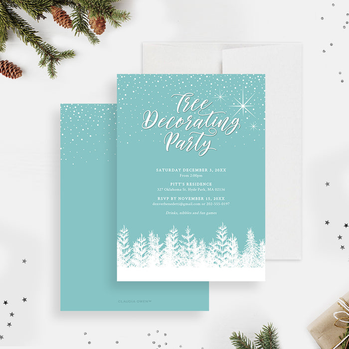 Tree decorating party invitation featuring festive holiday illustrations, Christmas elements and a modern layout in a digital invitation template