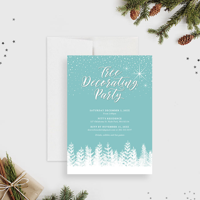 Tree decorating party invitation featuring festive holiday illustrations, Christmas elements and a modern layout in a digital invitation template