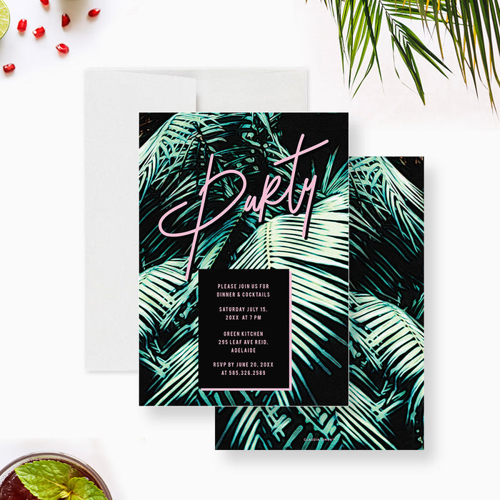 Tropical Dinner and Cocktail Party Invitation Card, Birthday Party Invitation with Palm Leaves for Summer Celebration