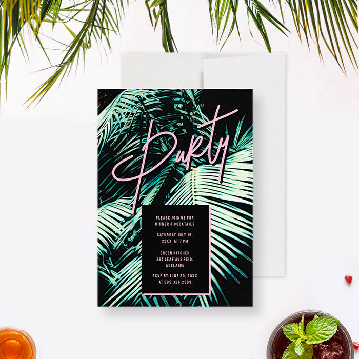 Tropical Dinner and Cocktail Party Invitation Card, Birthday Party Invitation with Palm Leaves for Summer Celebration