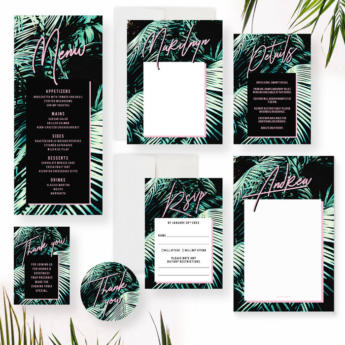 Tropical Dinner and Cocktail Party Invitation Card, Birthday Party Invitation with Palm Leaves for Summer Celebration