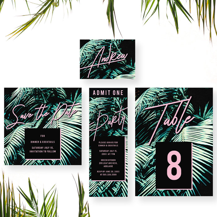 Tropical Dinner and Cocktail Party Invitation Card, Birthday Party Invitation with Palm Leaves for Summer Celebration