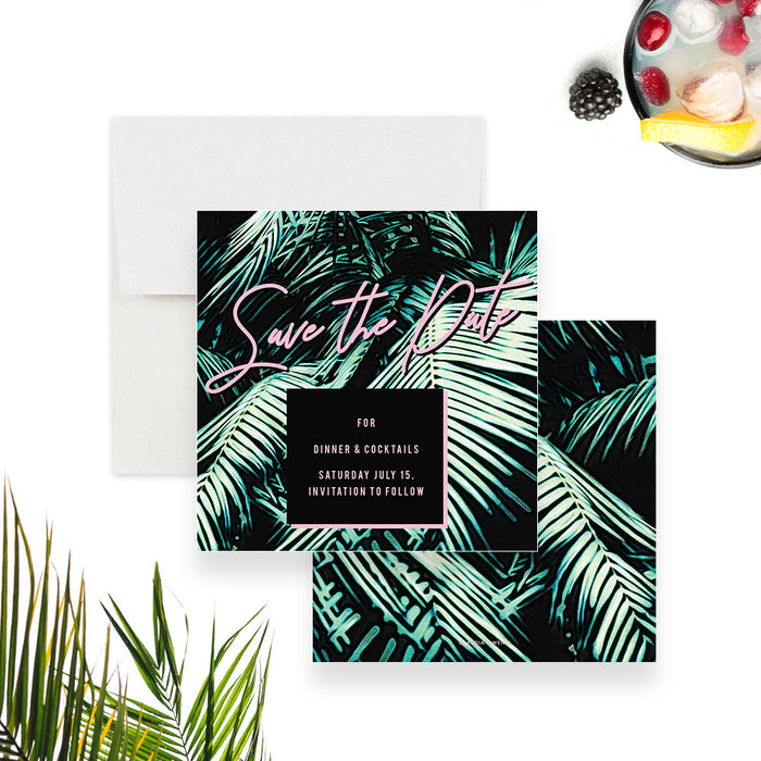 Tropical Save the Date Card for Dinner and Cocktail Party, Summer Birthday Save the Dates with Palm Leaves