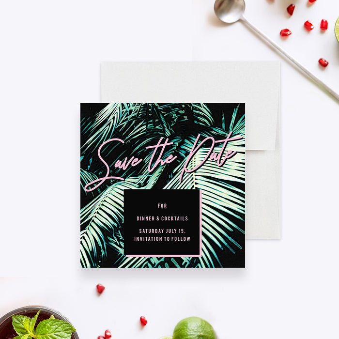 Tropical Save the Date Card for Dinner and Cocktail Party, Summer Birthday Save the Dates with Palm Leaves