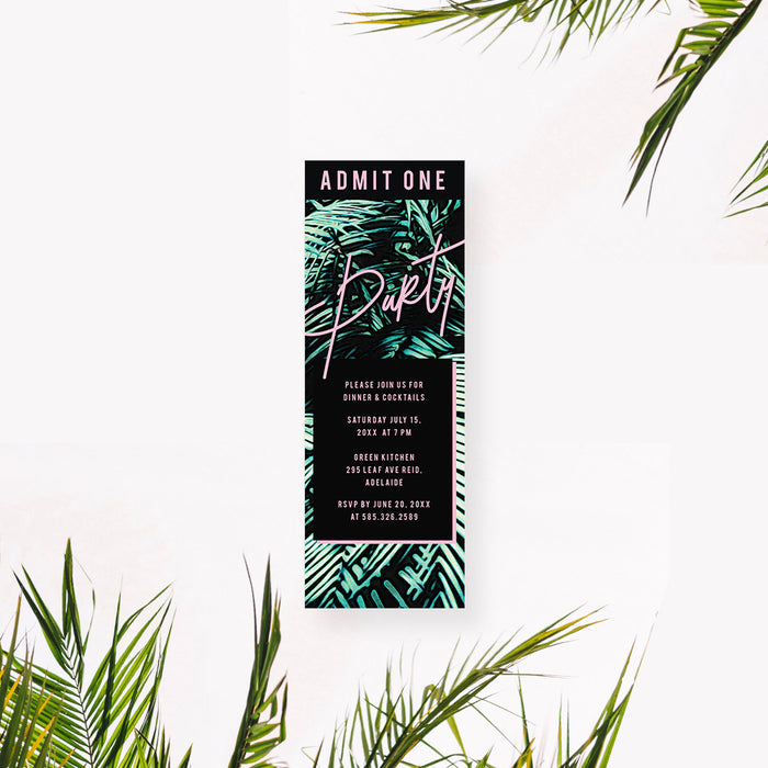 Tropical Dinner and Cocktail Ticket Invitation, Summer Birthday Ticket Invites with Palm Leaves, Tropical Birthday Ticket