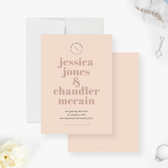 Trendy Wedding Save the Date Card in Soft Blush Pink with Modern Typography, Personalized Simple Save the Date Cards