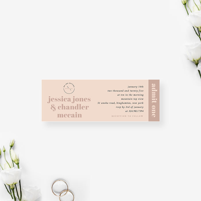 Modern Wedding Ticket Invitation with Stylish Typography, Custom Wedding Ticket in Neutral Colors