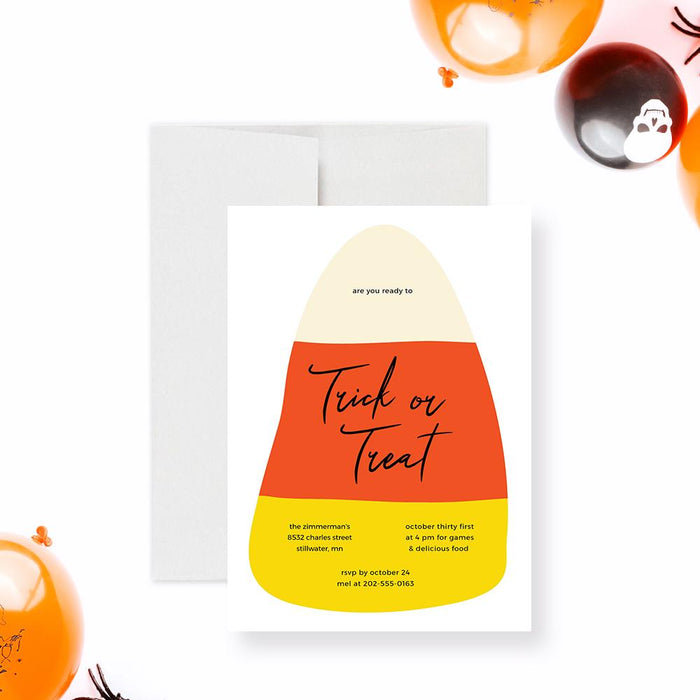 Printable trick or treat halloween invitation featuring candy corn design