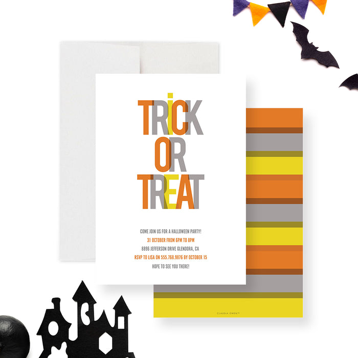 Halloween party invitation with colorful “Trick or Treat” lettering in orange, gray, and yellow-front-back
