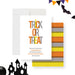 Halloween party invitation with colorful “Trick or Treat” lettering in orange, gray, and yellow-front-back