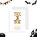Halloween party invitation with colorful “Trick or Treat” lettering in orange, gray, and yellow-front