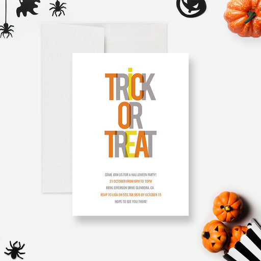 Trick or Treat Halloween invitation with stacked orange yellow and gray lettering on white.