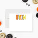 Personalized Halloween note card featuring colorful orange, yellow, and gray lettering on modern stationery.-front