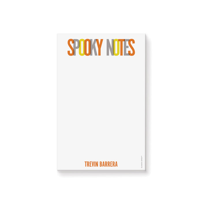 Personalized Halloween notepad with colorful lettering design, spooky season stationery for Halloween party favors and trick or treat gifts.