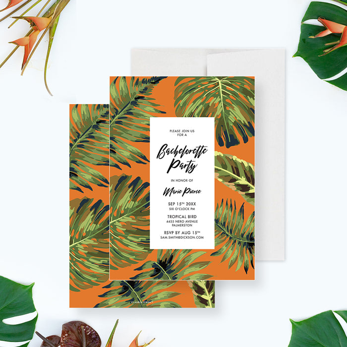 Bachelorette party invitation featuring greenery leaves on an orange background, ideal for tropical celebrations.-front-back