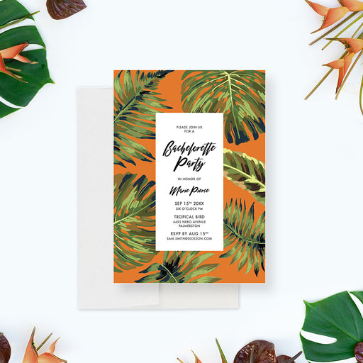 Bachelorette party invitation featuring greenery leaves on an orange background, ideal for tropical celebrations.-front